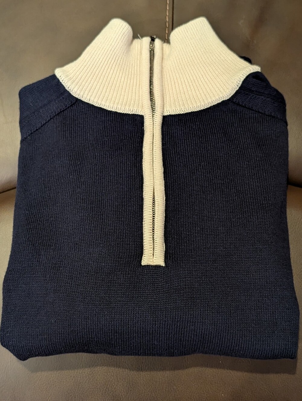 VUJA DE Frank Structured 1/4 Zip Navy Blue Knit Sweater 85% Cotton 15% Cashmere